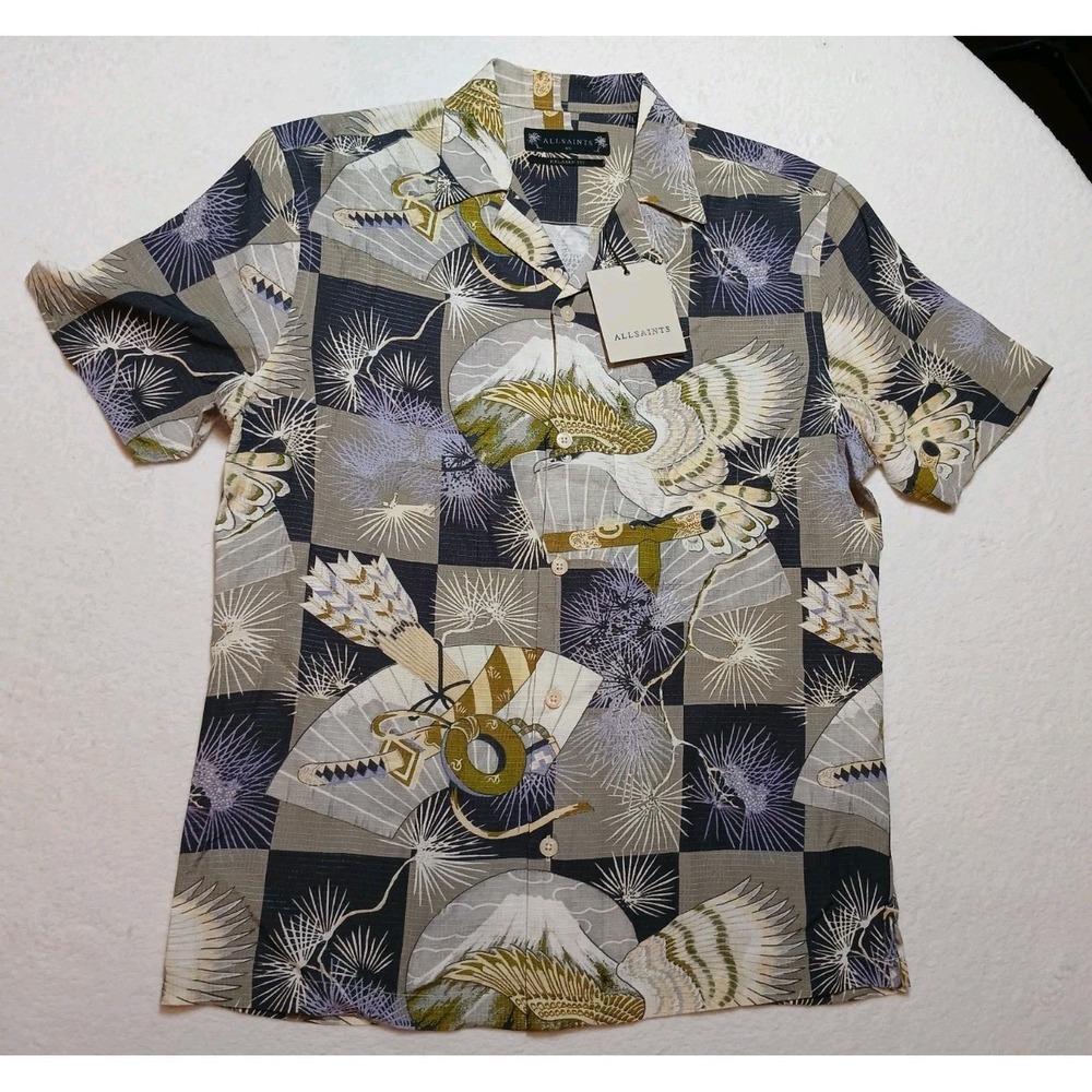 NWT AllSaints Sebastian Camp Shirt Milky Grey Japanese Print Men's Size XS New